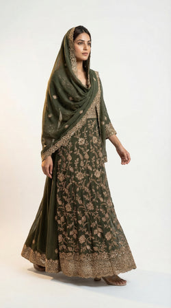 The Nawab Zaitoon — Olive Green Bridal Anarkali Lehenga Set