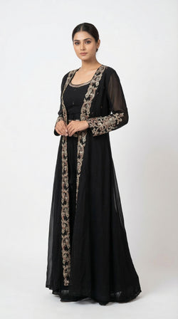 The Nawab Noir — Black Georgette Embroidered Jacket Lehenga Set