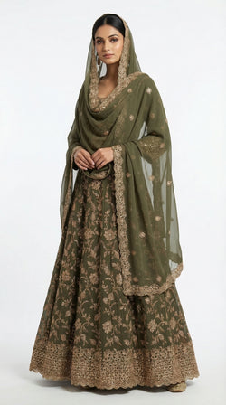 The Nawab Zaitoon — Olive Green Bridal Anarkali Lehenga Set