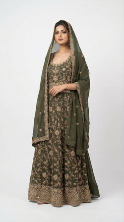 The Nawab Zaitoon — Olive Green Bridal Anarkali Lehenga Set