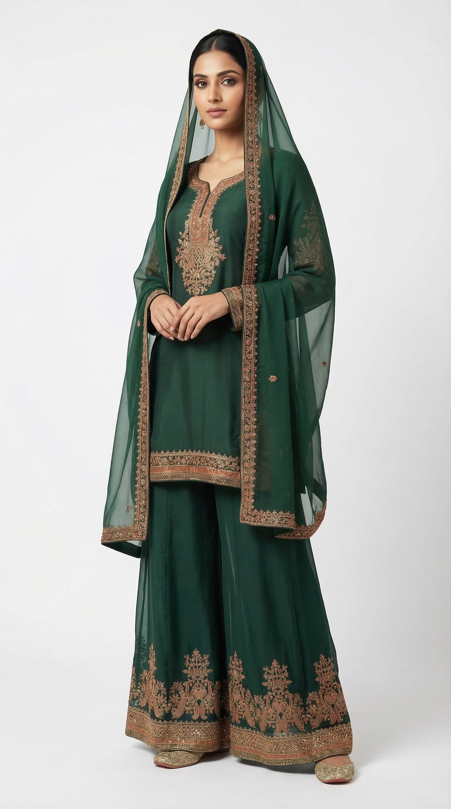 The Nawab Emerald — Deep Green Embroidered Sharara Suit Set
