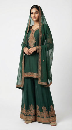 The Nawab Emerald — Deep Green Embroidered Sharara Suit Set