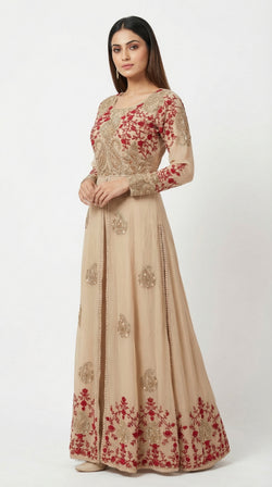 The Nawab Gulnaar — Champagne & Crimson Embroidered Anarkali Gown