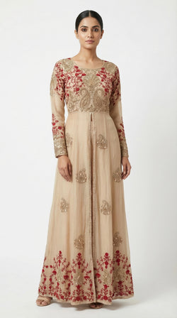 The Nawab Gulnaar — Champagne & Crimson Embroidered Anarkali Gown