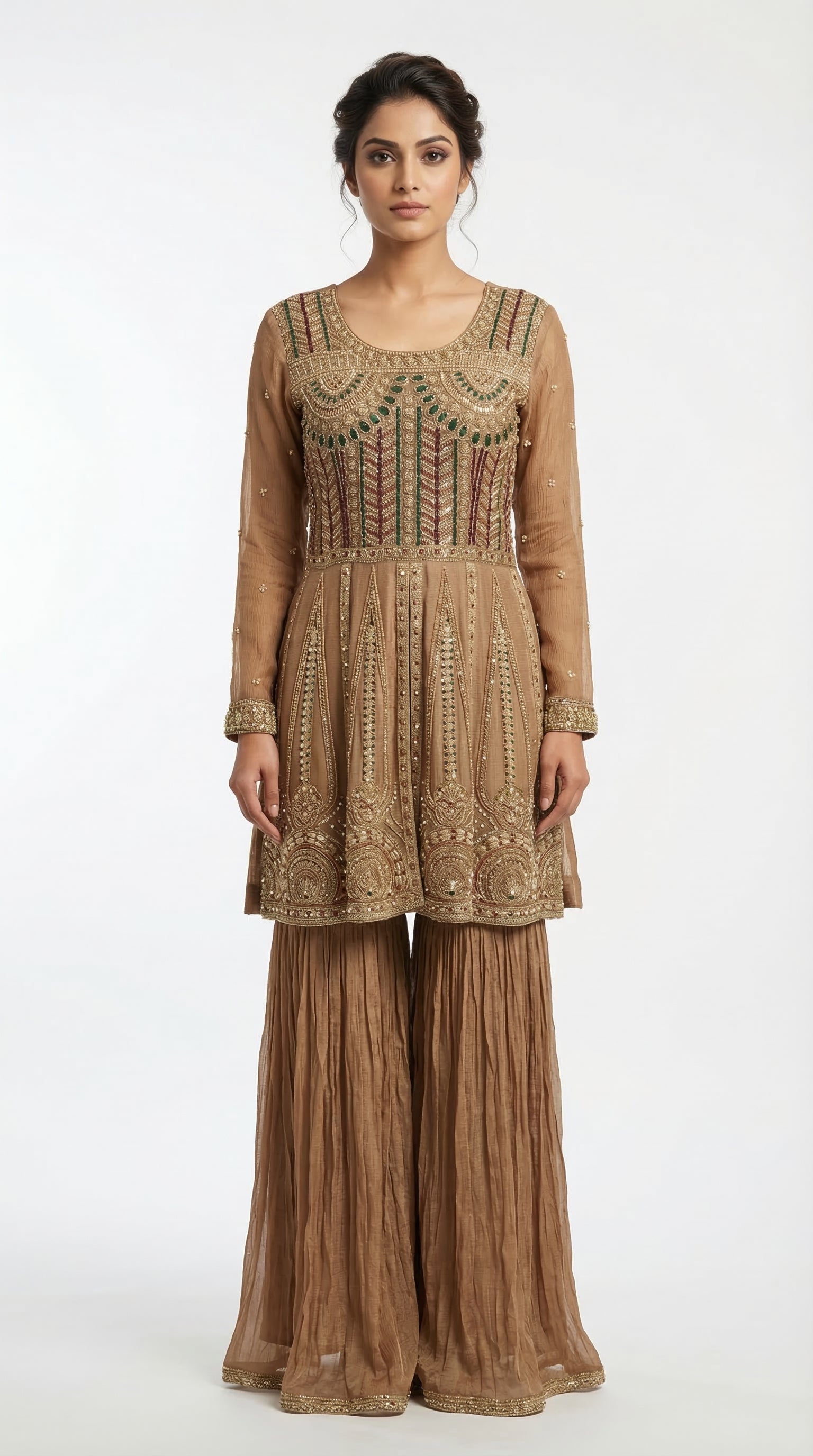 The Nawab Amber — Mocha Brown Zardosi Peplum Sharara Set