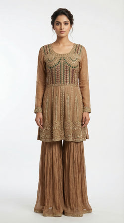 The Nawab Amber — Mocha Brown Zardosi Peplum Sharara Set