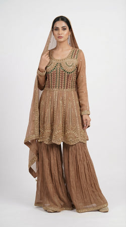 The Nawab Amber — Mocha Brown Zardosi Peplum Sharara Set