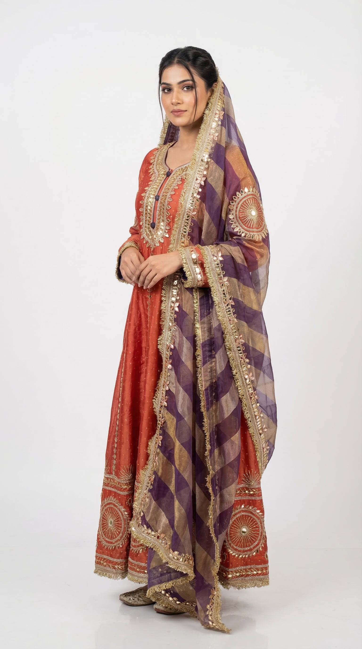 The Nawab Surkh — Rust Coral Anarkali Gown with Banarasi Dupatta