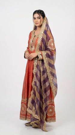 The Nawab Surkh — Rust Coral Anarkali Gown with Banarasi Dupatta