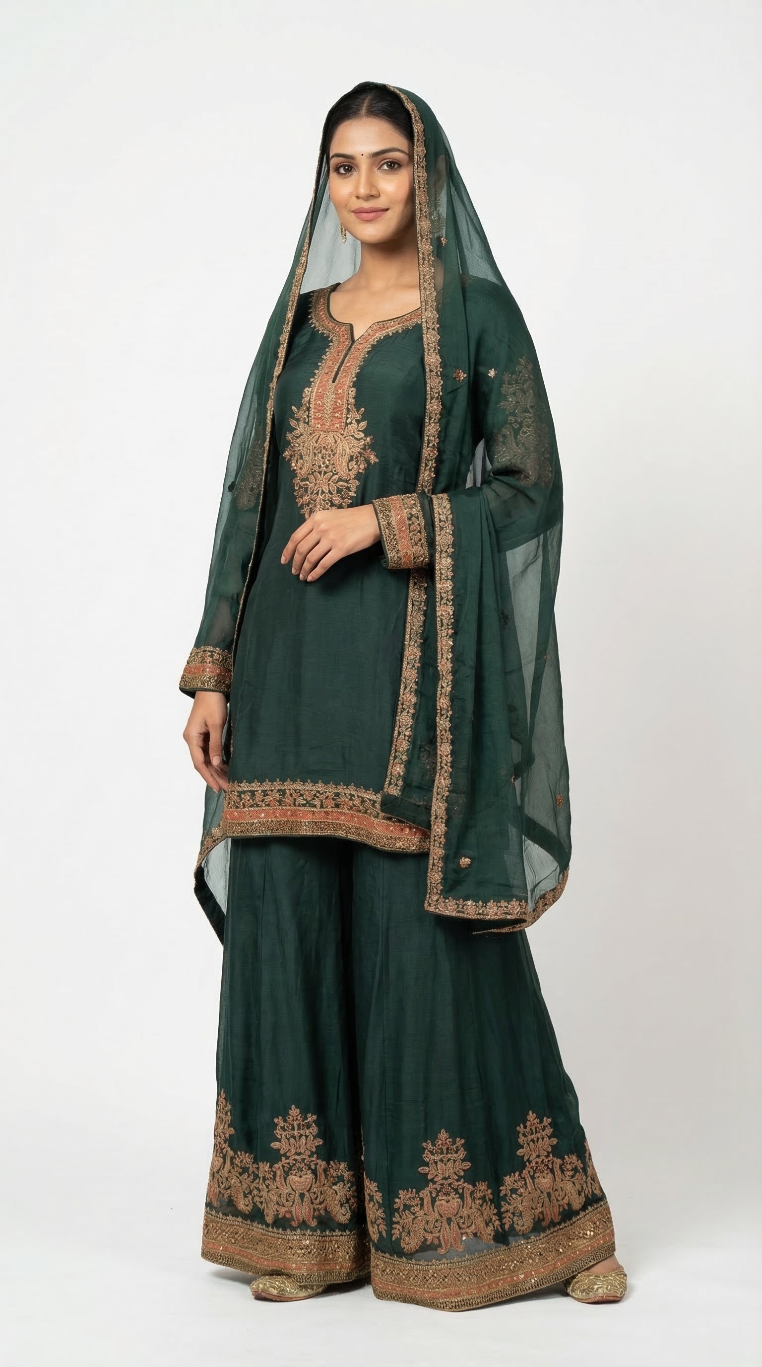 The Nawab Emerald — Deep Green Embroidered Sharara Suit Set