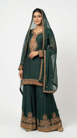 The Nawab Emerald — Deep Green Embroidered Sharara Suit Set