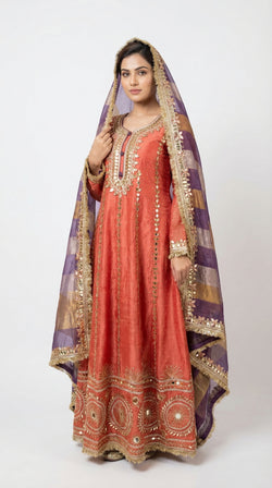 The Nawab Surkh — Rust Coral Anarkali Gown with Banarasi Dupatta