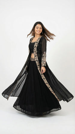 The Nawab Noir — Black Georgette Embroidered Jacket Lehenga Set