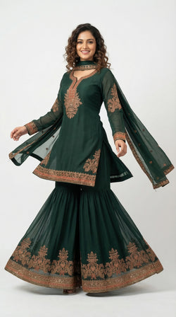 The Nawab Emerald — Deep Green Embroidered Sharara Suit Set