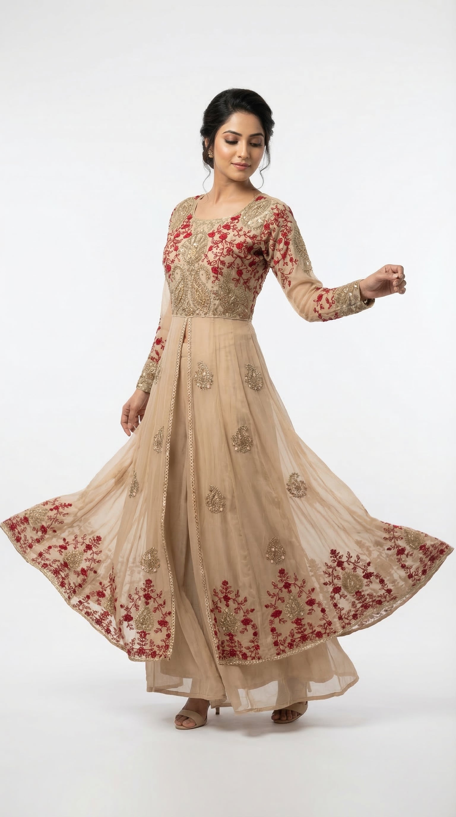 The Nawab Gulnaar — Champagne & Crimson Embroidered Anarkali Gown