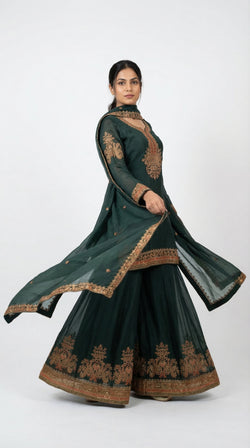 The Nawab Emerald — Deep Green Embroidered Sharara Suit Set