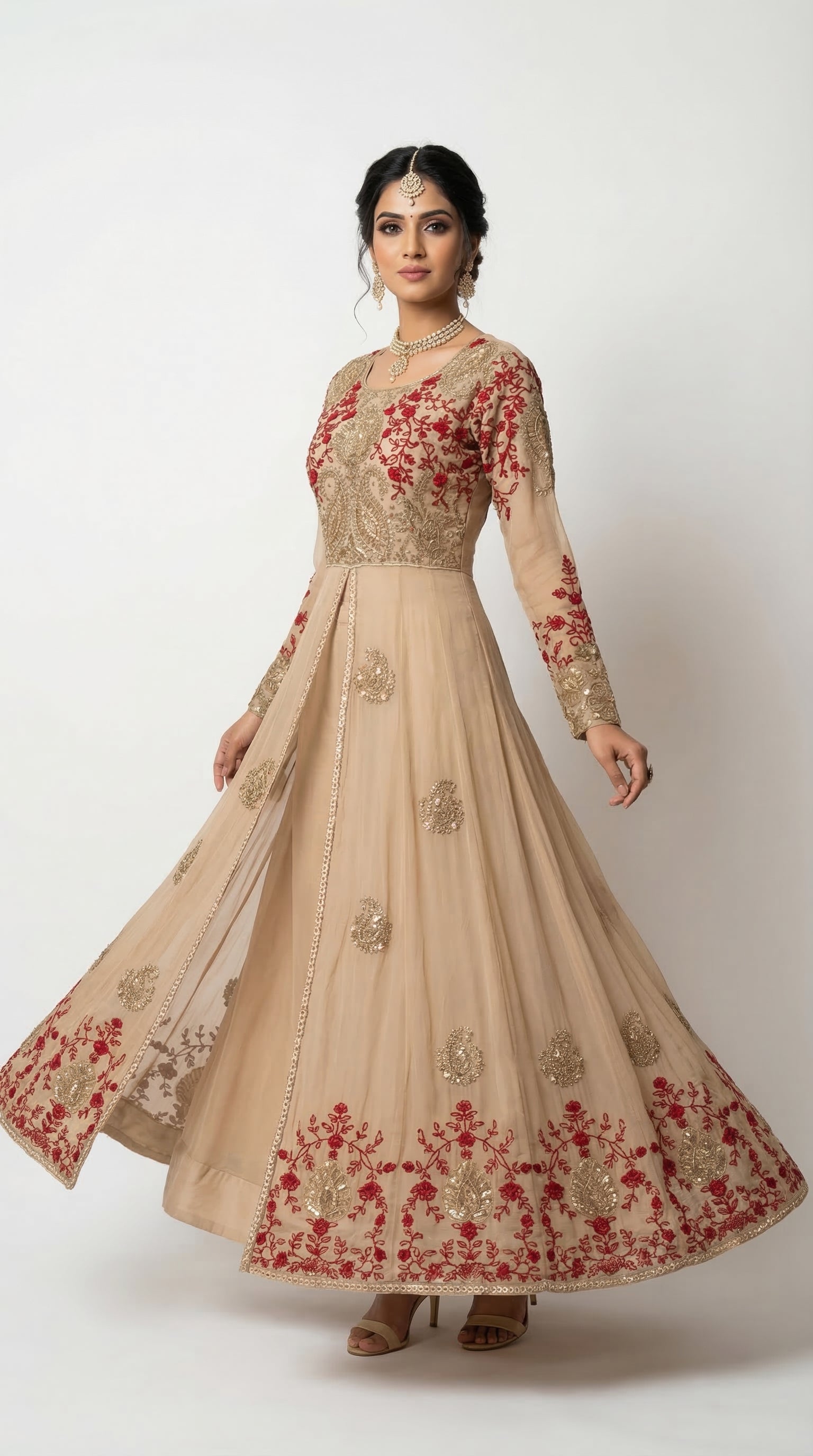 The Nawab Gulnaar — Champagne & Crimson Embroidered Anarkali Gown