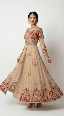 The Nawab Gulnaar — Champagne & Crimson Embroidered Anarkali Gown