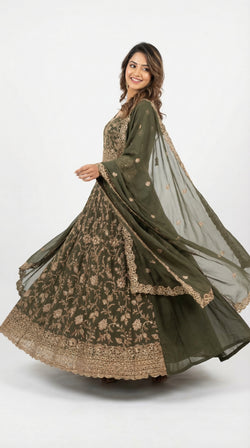 The Nawab Zaitoon — Olive Green Bridal Anarkali Lehenga Set