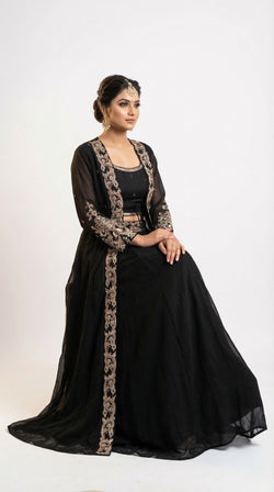The Nawab Noir — Black Georgette Embroidered Jacket Lehenga Set