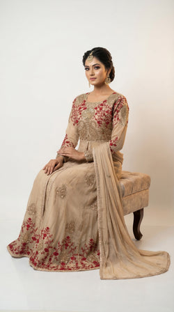 The Nawab Gulnaar — Champagne & Crimson Embroidered Anarkali Gown