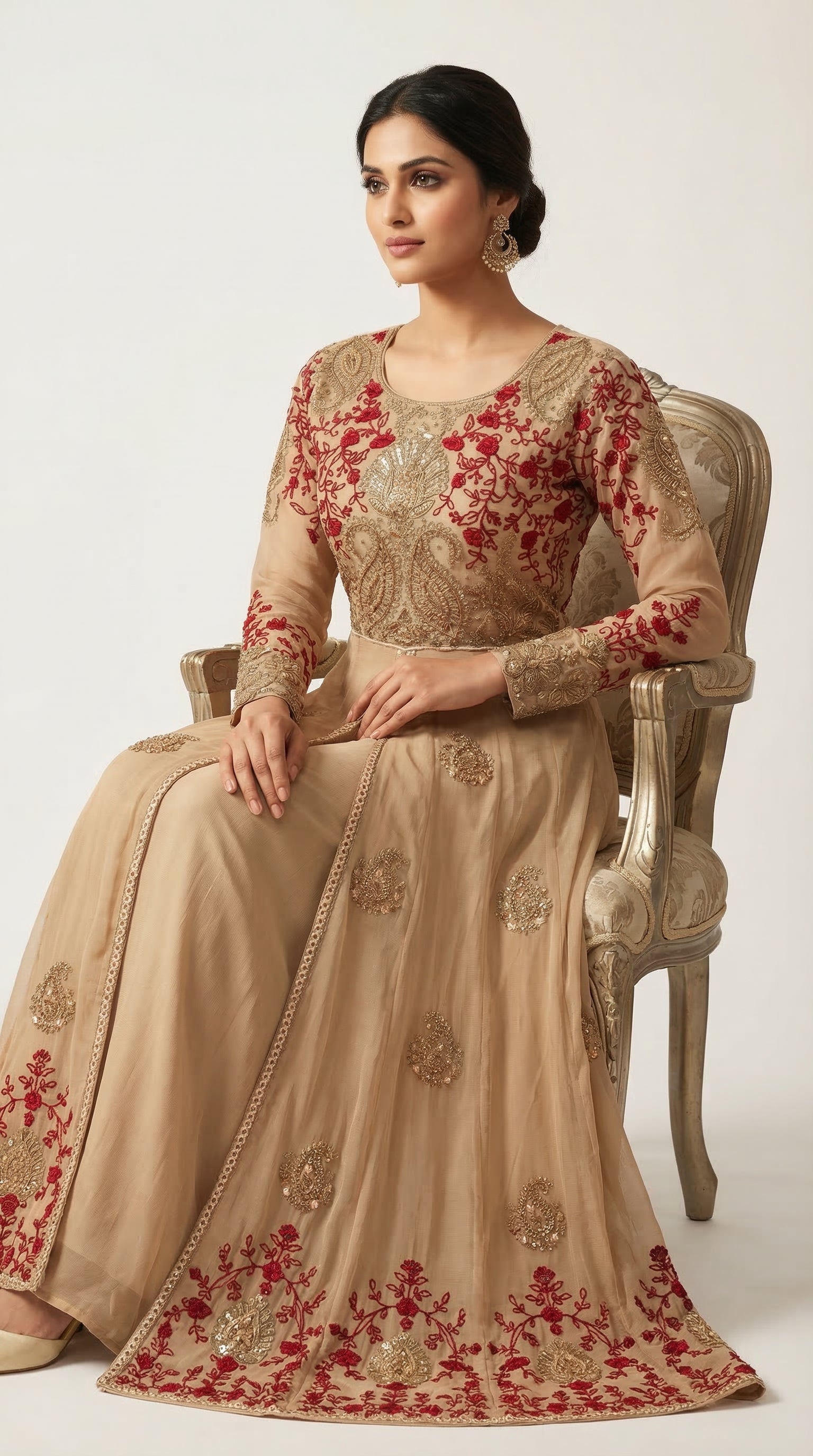 The Nawab Gulnaar — Champagne & Crimson Embroidered Anarkali Gown