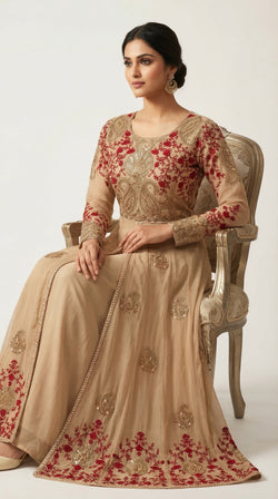 The Nawab Gulnaar — Champagne & Crimson Embroidered Anarkali Gown