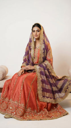 The Nawab Surkh — Rust Coral Anarkali Gown with Banarasi Dupatta