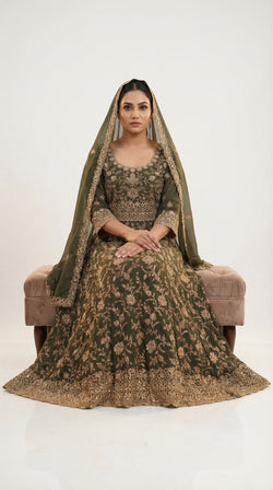 The Nawab Zaitoon — Olive Green Bridal Anarkali Lehenga Set