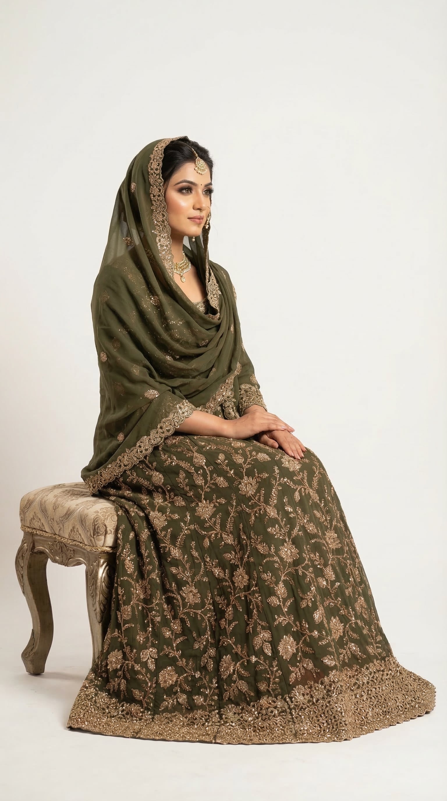 The Nawab Zaitoon — Olive Green Bridal Anarkali Lehenga Set
