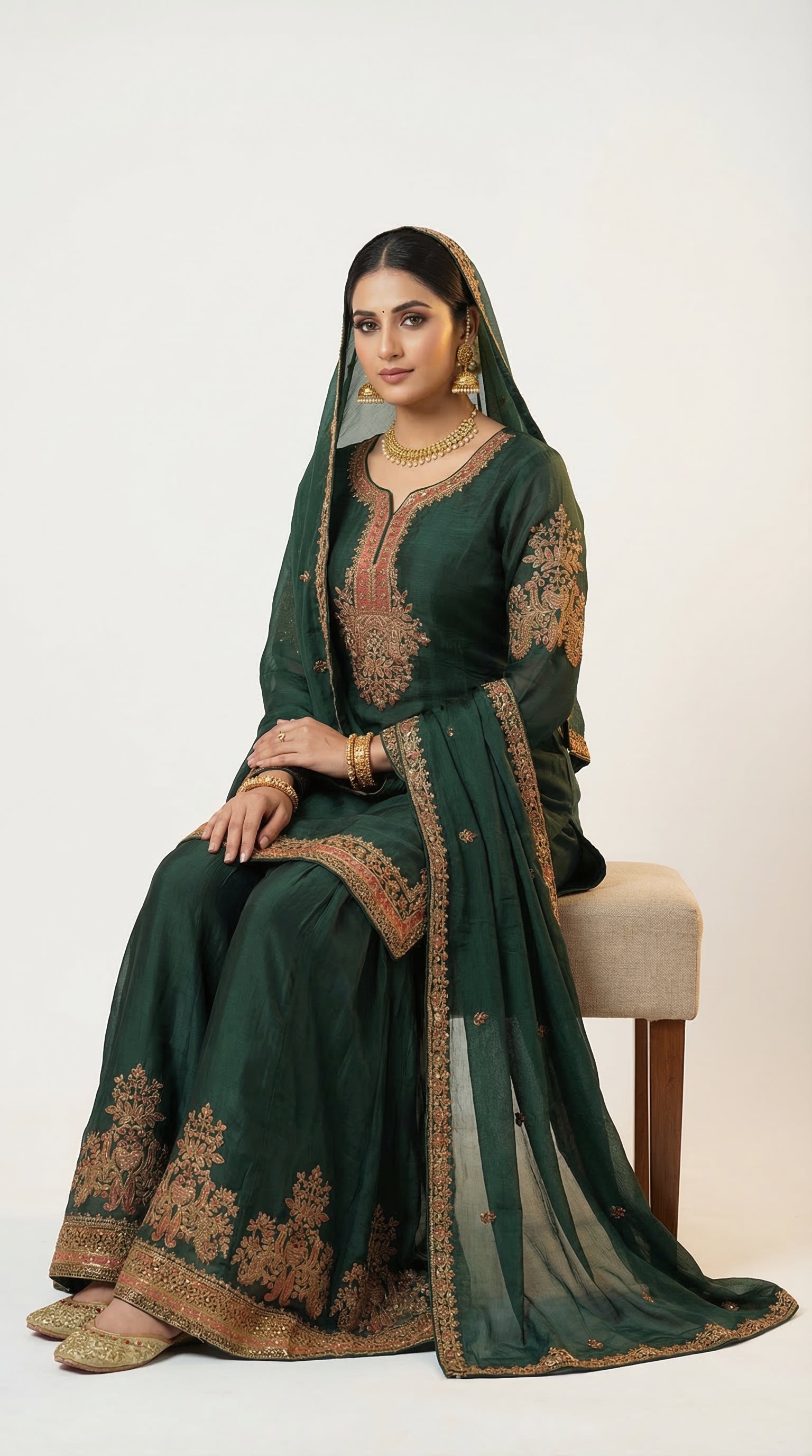 The Nawab Emerald — Deep Green Embroidered Sharara Suit Set