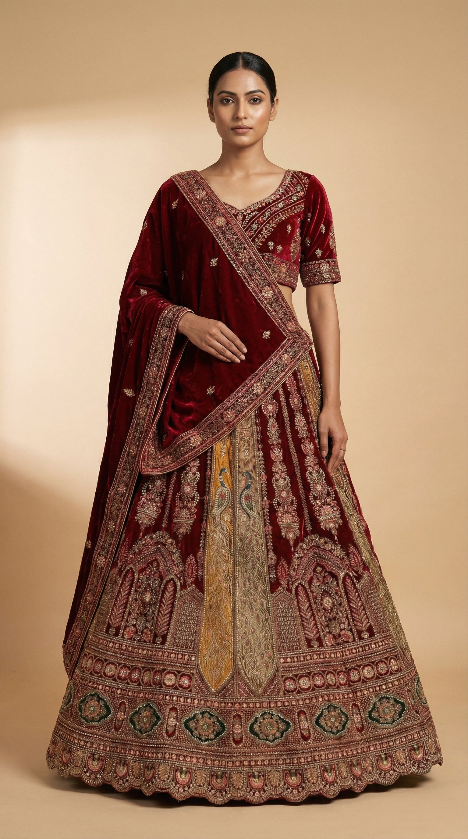 Royal Mughal Peacock Velvet Bridal Lehenga Choli with Dupatta