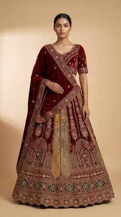 Royal Mughal Peacock Velvet Bridal Lehenga Choli with Dupatta