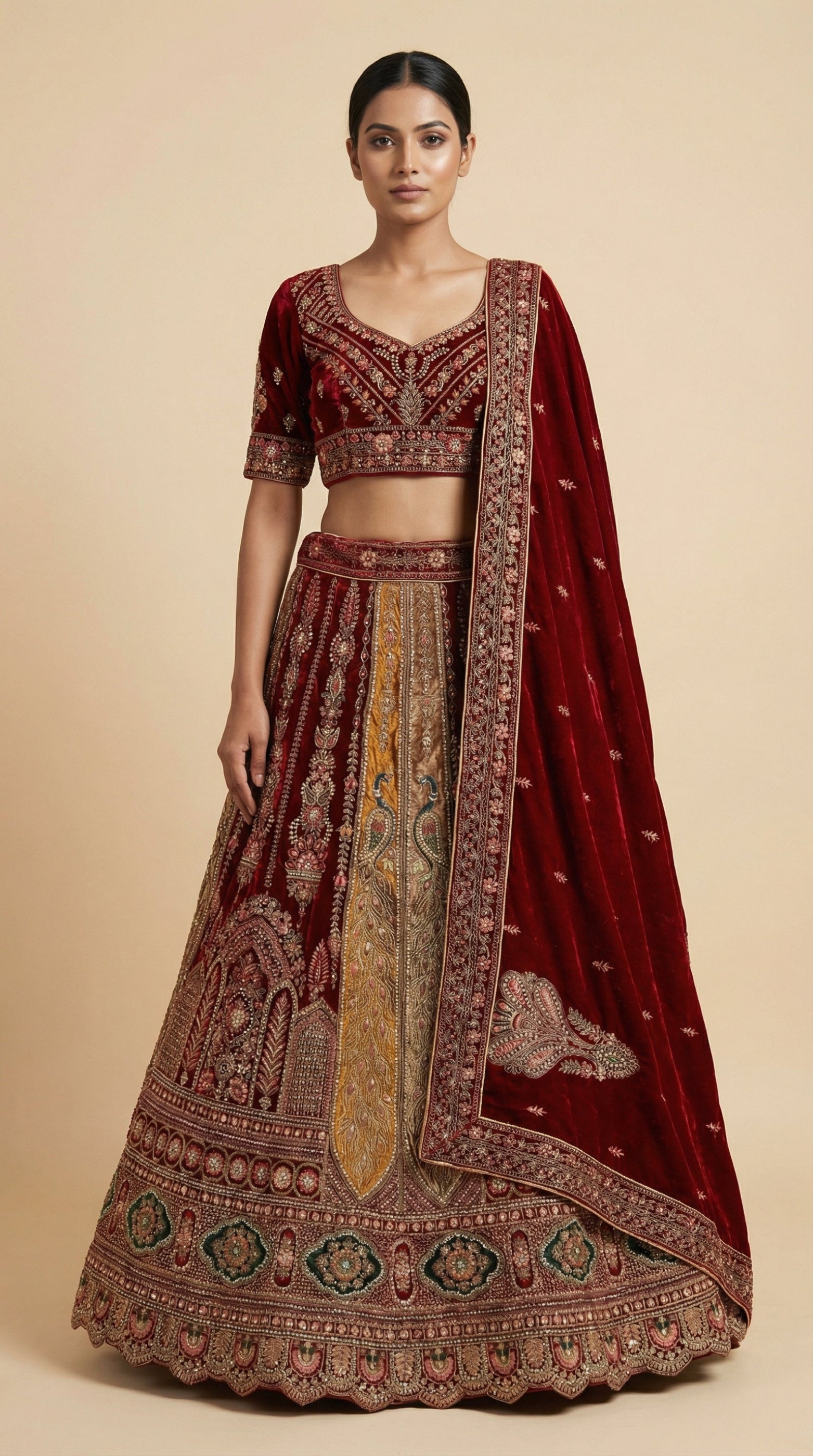 Royal Mughal Peacock Velvet Bridal Lehenga Choli with Dupatta