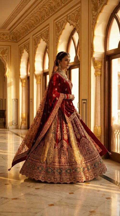 Royal Mughal Peacock Velvet Bridal Lehenga Choli with Dupatta