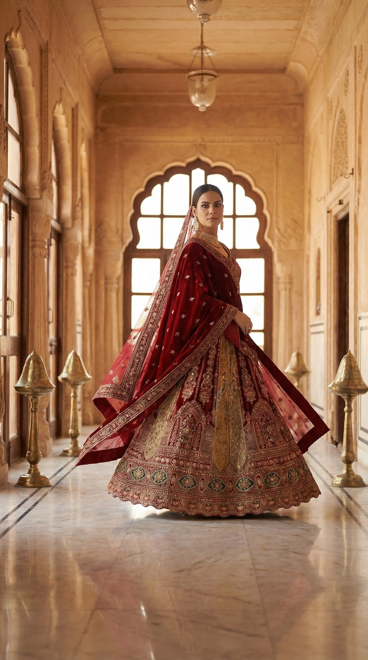 Royal Mughal Peacock Velvet Bridal Lehenga Choli with Dupatta