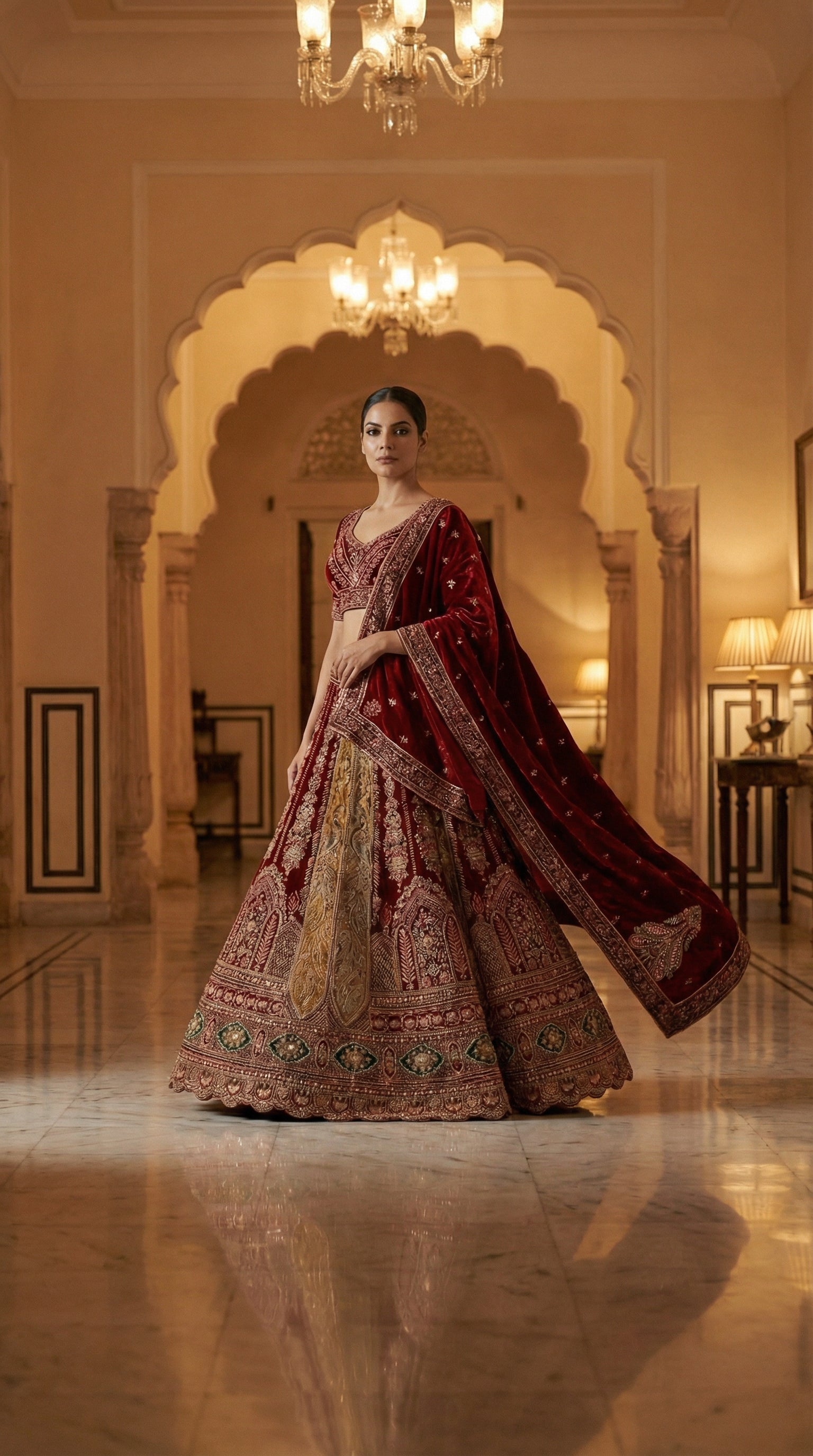 Royal Mughal Peacock Velvet Bridal Lehenga Choli with Dupatta