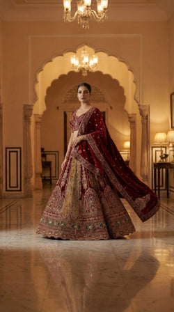 Royal Mughal Peacock Velvet Bridal Lehenga Choli with Dupatta